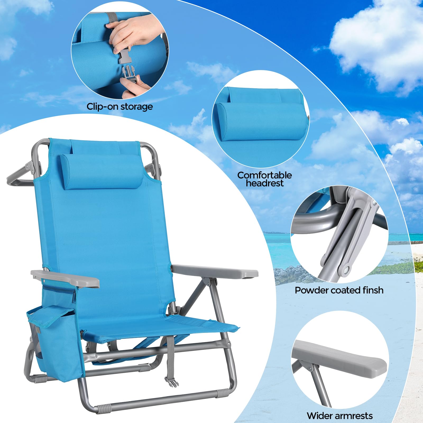 LIFERUN Strandstuhl Klappbar Leicht 2er Set, Rucksack Klappstuhl Strand, Campingstuhl Kann Flach Liegen,bis 150 kg belastbar, Outdoor Faltstuhl mit Verstellbarer Hohe Rückenlehne, Eisbeutel,Blau 5