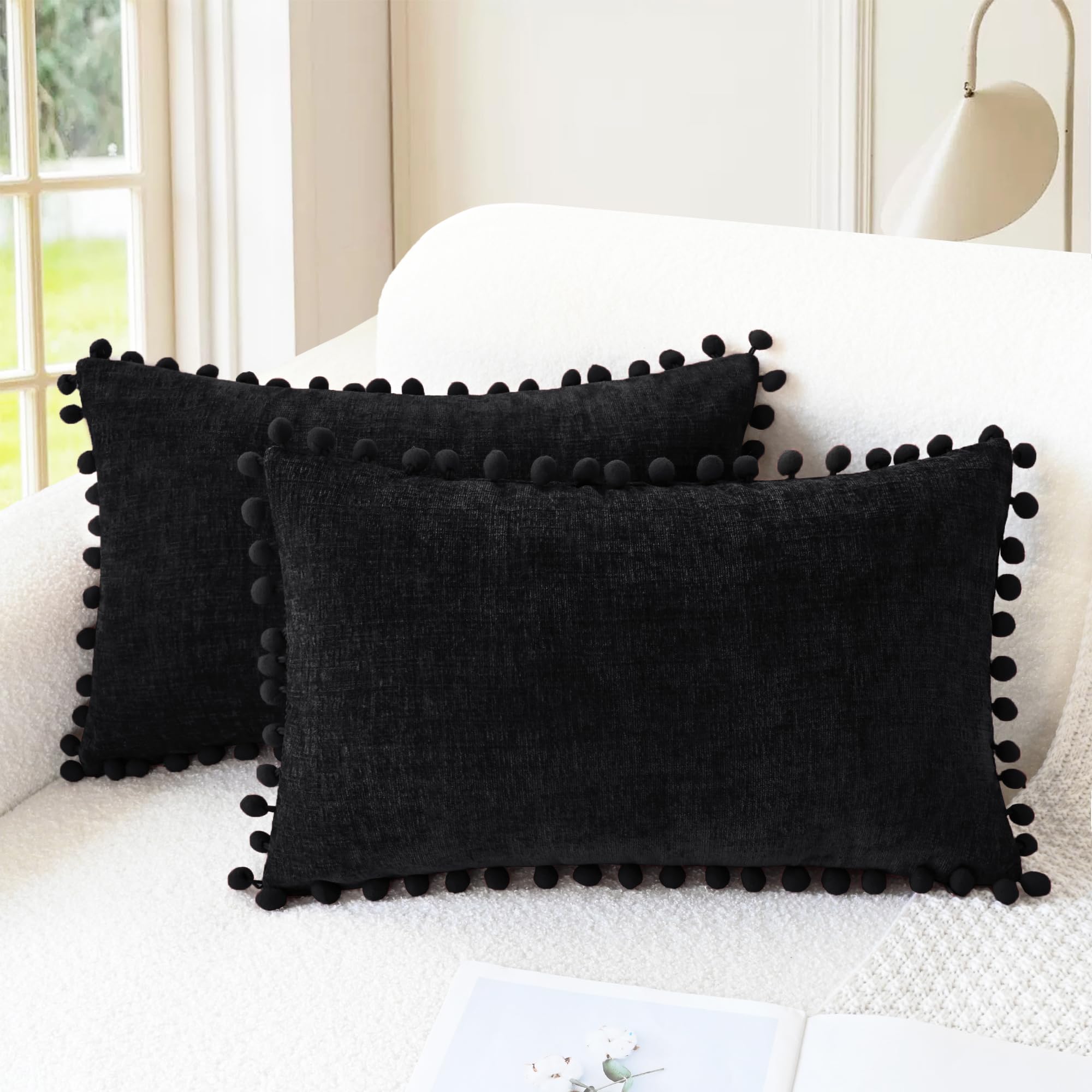 CaliTime Throw Pillow Cases Pack of 2 Cozy Solid Dyed Soft Chenille Cushion Covers with Pom Poms for Couch Sofa Home Decoration 30cm x 50cm Black