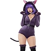 Mobbunny Women's Cute Fluffy Romper Purple Fuzzy Onesie Pajamas Furry Hooded Bodysuit Homewear Jumpsuit