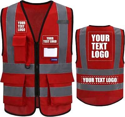 AYKRM Red Safety Vest Personalised Hi Vis Class 2 with Pockets EN20471