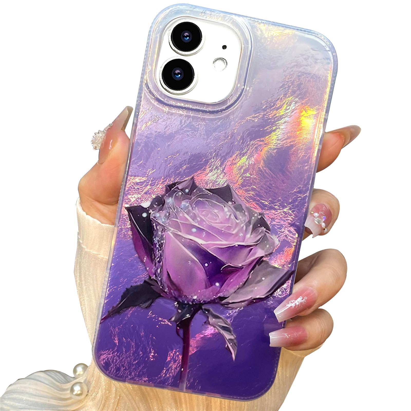 buccilly Compact Case for iPhone 11 Purple Roses Design,Cute Trendy Soft Slim TPU Shockproof Protective Bumper Phone Cases Cover for Women Girls Aesthetic Glitter Luxury Floral