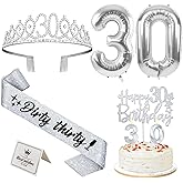 30th Birthday Decorations for Her Silver with 30th Birthday Sash and Crown, Cake Topper and Candles, Silver Number Balloons, 30 Year Old Gifts for Her