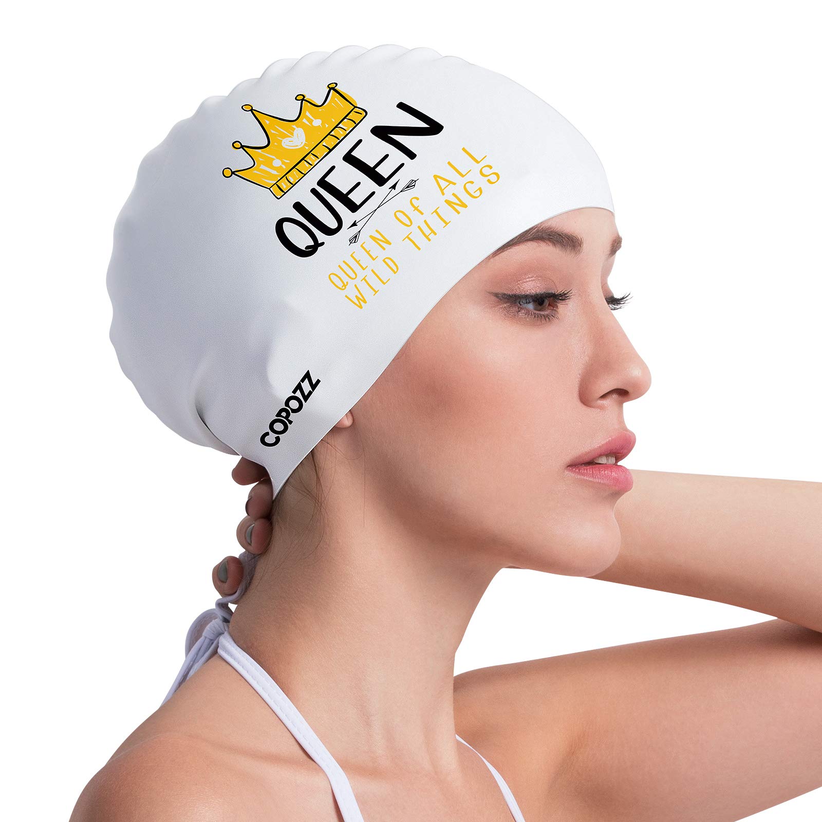 COPOZZ Adult Swimming Cap, Waterproof Silicone Swim Cap for Women & Girls, Long/Short Hair, White