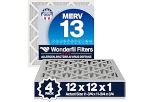 12x12x1 MERV 13 Air Filter (4-Pack) | Wonderfil Filters | Pleated HVAC Design | Perfect Fit for AC & Furnace Systems | Actual Size: 11.75" x 11.75" x 0.75"