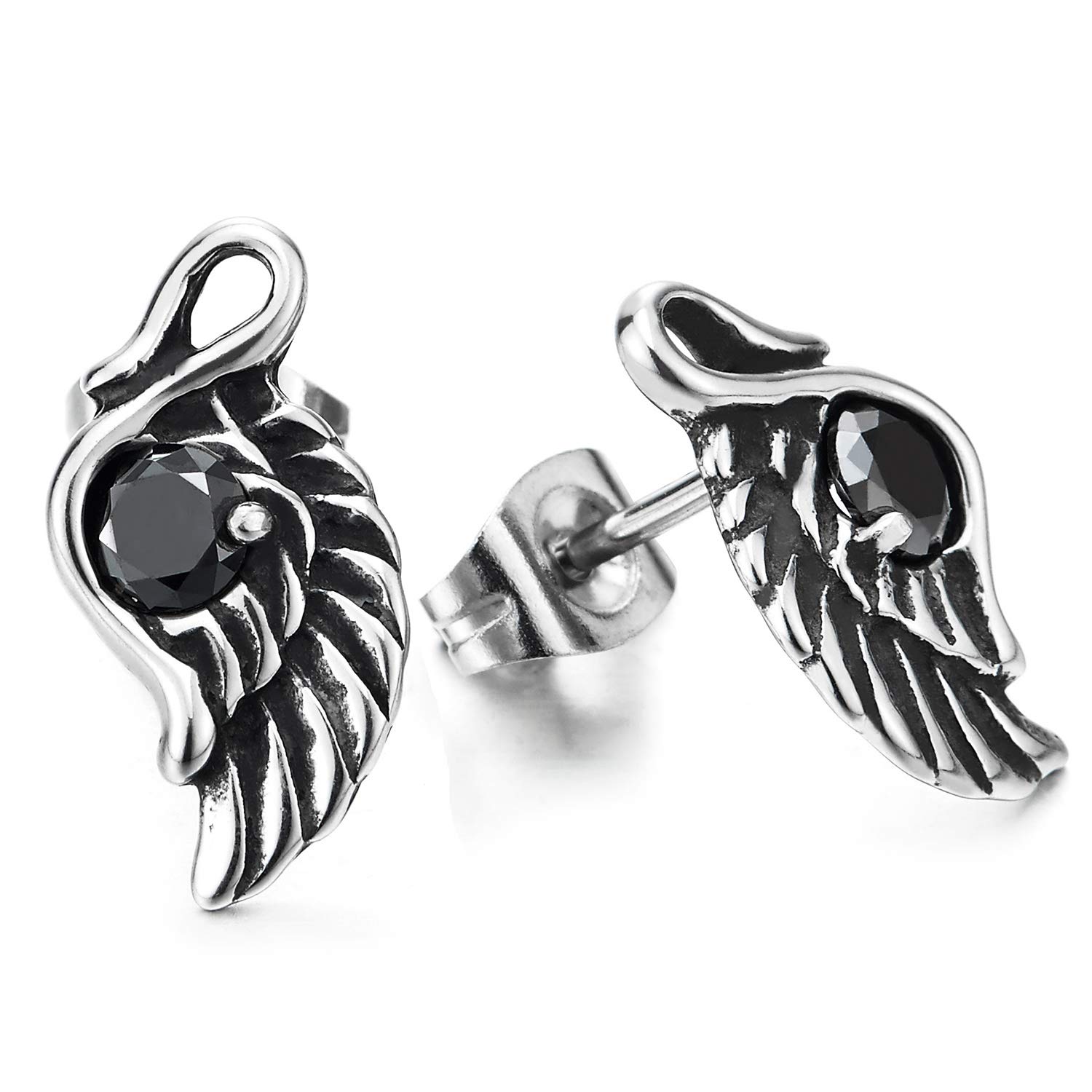 Mens Womens Vintage Wing Stud Earrings with Black Cubic Zirconia, Stainless Steel, Unique 2pcs