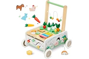 FROGPRIN Wooden Baby Walker, Baby Push Walker, Adjustable Speed Baby Walker with Wheel, Toddler Activity Center Toys, Montessori Farm Walker Toy with Shape Sorter, Carrot Harvest for Boys and Girls