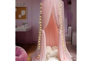 Anmas Home Bed Canopy Mosquito Net with Star Lights，Princess Play Canopy for Girls Room - Dome Net Curtains for Baby Game Dream Castle, Girls Room Decor, Pink