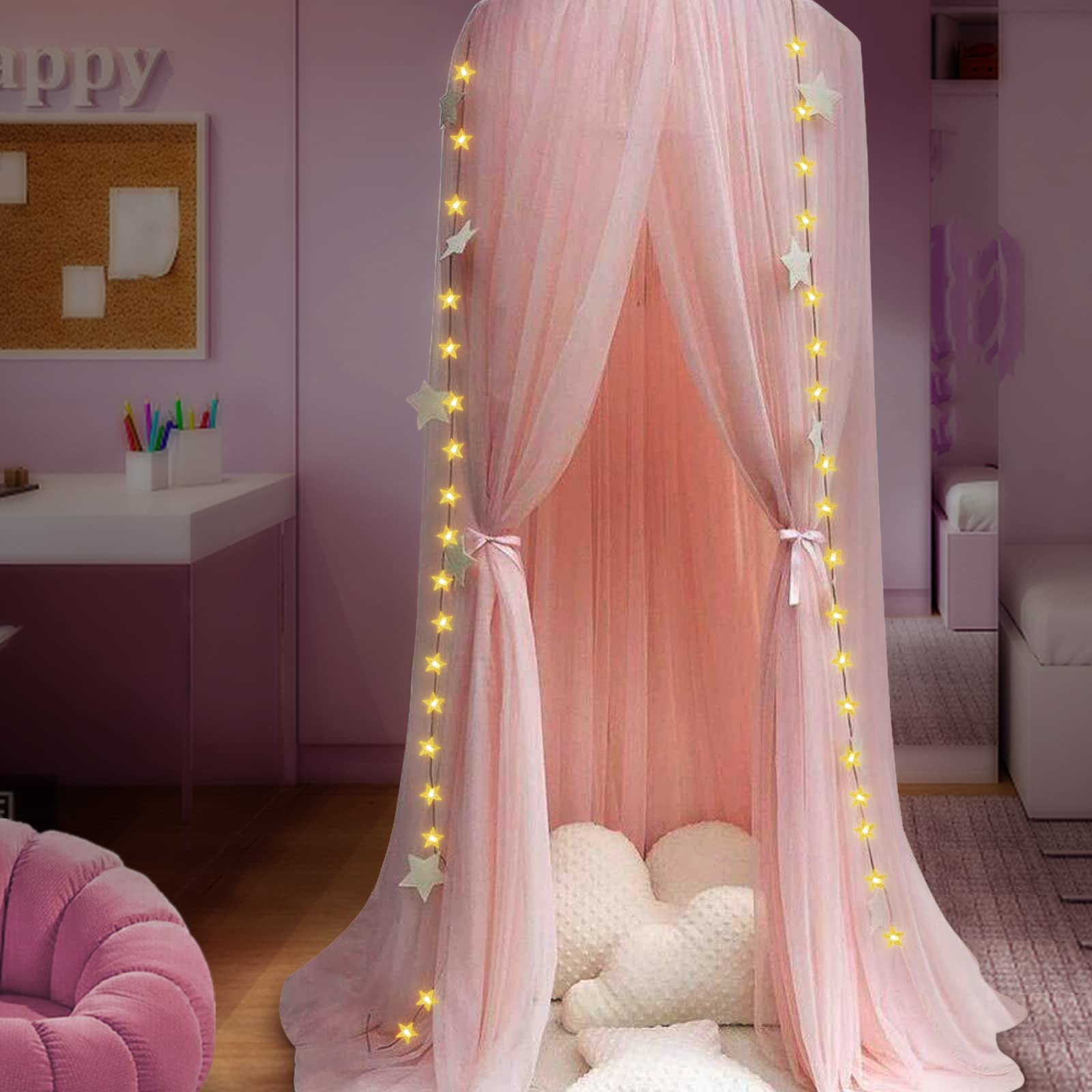 Temopow Bed Canopy Mosquito Net with Star Lights，Princess Play Canopy for Girls Room - Dome Net Curtains for Baby Game Dream Castle, Girls Room Decor (Pink)