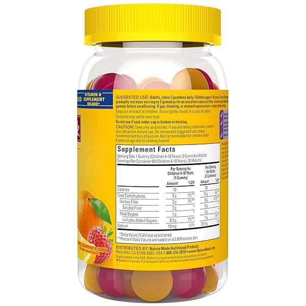 NATURE MADE PREBIOTIC FIBER GUMMIES FOR ADULTS AND KIDS, FIBER SUPPLEMENT FOR DIGESTIVE SYSTEM SUPPORT, 90 GUMMIES