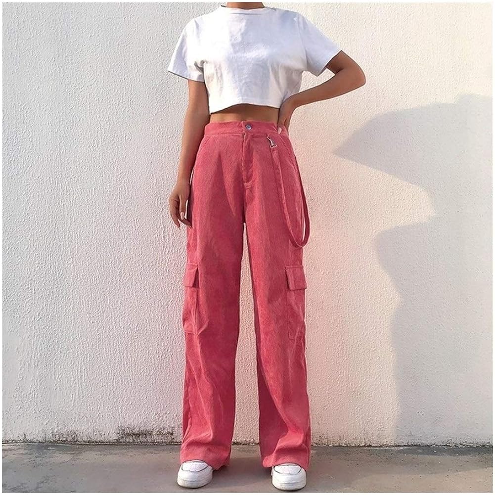Patchwork Waist Straight Leg Pants DERFX Versatile Women Casual Pockets Patchwork Cargo Pants High Waist
