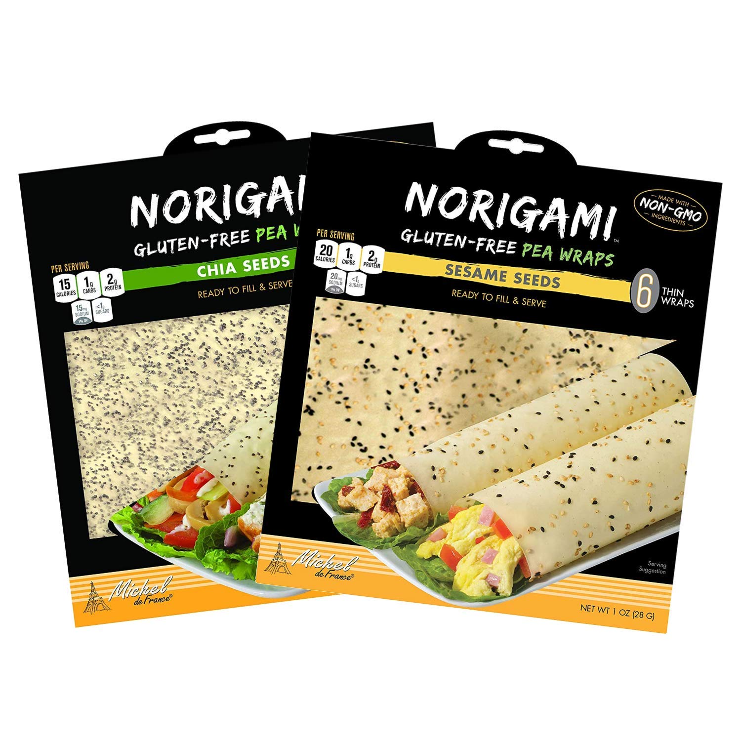 Norigami Non-GMO Gluten-Free Pea Wraps Sesame Seeds & Pea Wraps Chia Seeds (10 Wraps Per Pack), Low Carbs, High Protein, Vegetarian, Ready To Fill And Serve Wraps, Thin And Healthy Wraps (1 Packs Each-2 packs total)