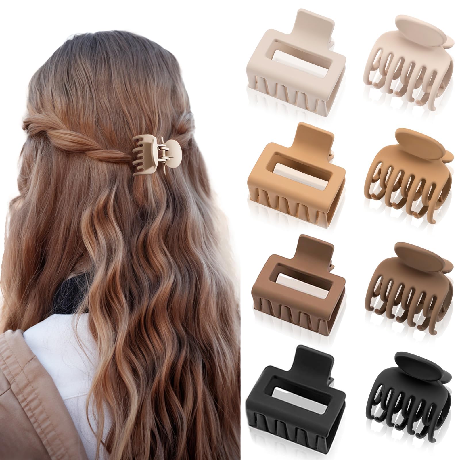 VivaSmile 8 PCS Small Hair Claw Clips for Women | Hair Clips and Rectangle Claw Clips | Perfect for Thin, Thick, and Curly Hairs with Square Claw Clip, Women's Brown Hairs Accessories