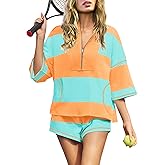 Panadila Women Striped Workout Set Two Piece Outfit Tracksuit Oversized Lounge Set Top and Shorts Sets with Pockets