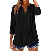 Micoson Womens 3/4 Sleeve Tops Cotton Linen Button Down Shirts V Neck Pleated Casual Loose Blouses Roll Up Sleeve Shirt
