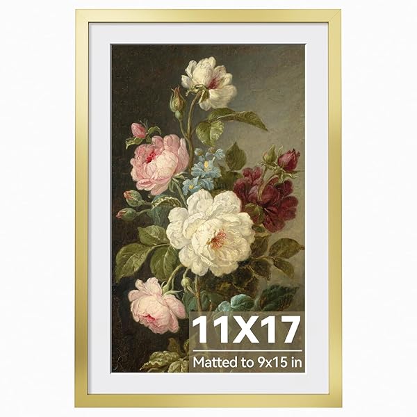 HAPPYHAPI 11X17 PICTURE FRAME GOLD, GOLD PICTURE FRAMES DISPLAY PHOTOS 9X15 WITH MAT OR 11X17 WITHOUT MAT, 1 PACK PLASTIC FRAME FOR WALL FOR HOME DECOR