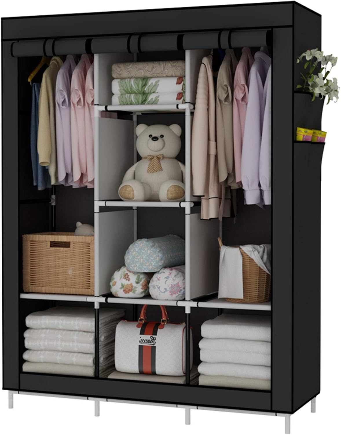 discount wardrobe closet on Amazon Com Udear Portable Wardrobe Closet Clothes Organizer Non Woven Fabric Cover With 6 Storage Shelves 2 Hanging Sections And 4 Side Pockets Black Home Kitchen