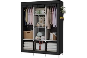 UDEAR Portable Wardrobe Closet Clothes Organizer Non-Woven Fabric Cover with 6 Storage Shelves, 2 Hanging Sections and 4 Side Pockets，Black