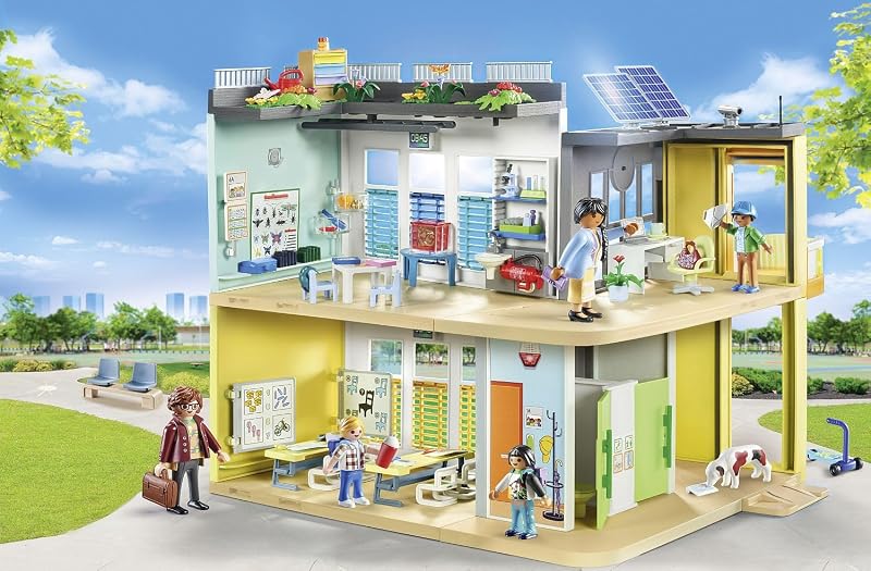 71327 Ecole aménagée - City Life - avec Six Personnages, Une école sur Deux étages avec Un Ascenseur, Une terrasse sur Le Toit et Un Chien - Dès 4 Ans