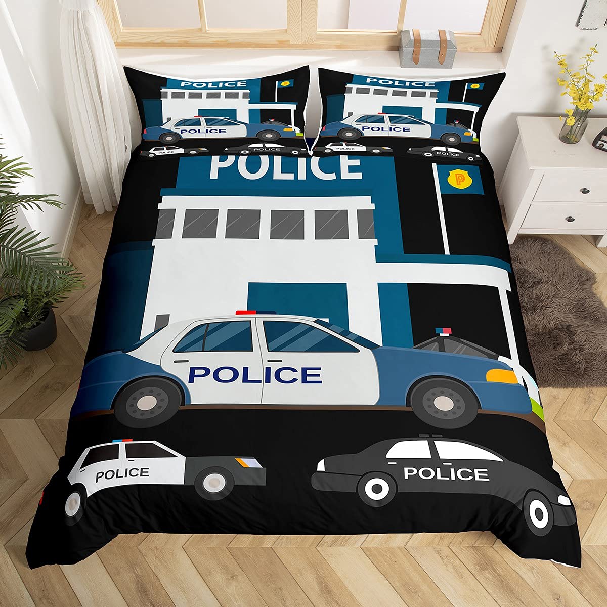 Homewish Kids Police Car Bedding Set Single Size Boys Cartoon Car Duvet Cover Emergency Responder Vehicles Comforter Cover For Girls Blue Grey Bedspreads Cover With 1 Pillow Case Bedroom Decor