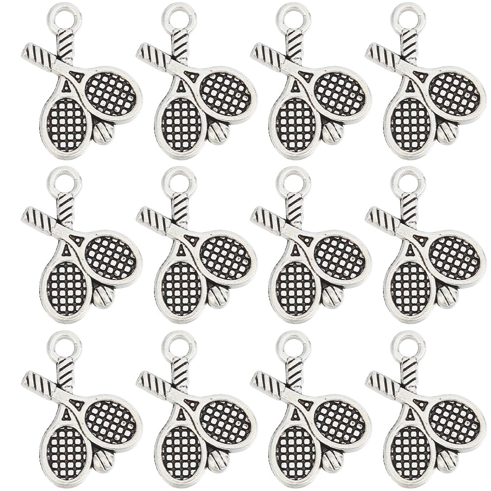 SUNNYCLUE 1 BOX 100PCS Silver Sport Charms Tennis Charms Alloy Metal Tibetan Antique Silver Sports Tennis Racket Badminton Charm Bulk for Jewellery Making Charms Diy Earrings Bracelet Necklace Craft