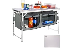 VEVOR Camping Kitchen Station, 3 Adjustable Height Folding Outdoor Camp Cooking Table with Storage Organizer, Quick Set-up for Patio BBQ Picnic Glamping Traveling