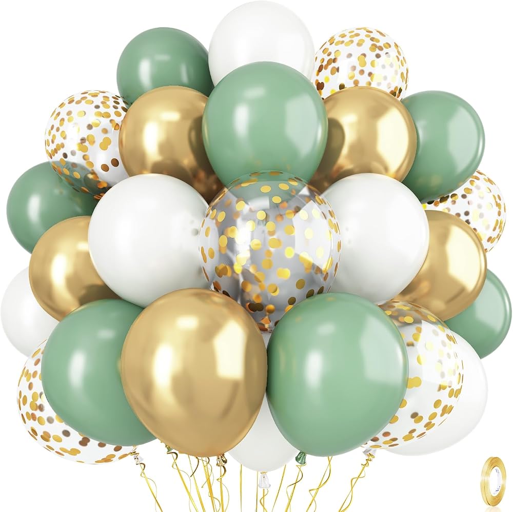 Isndare Sage Green and Gold Balloons Set 35 Pieces 12 Inch Confetti Latex