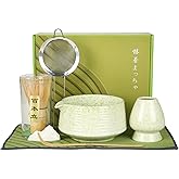 Coolpei Matcha Whisk Set, Ceramic Matcha Bowl with Spout, Bamboo Whisk, Scoop, Sifter, Holder, Tea Towel, 7-Piece Matcha Kit Set for Making Breakfast/Latte, Square Green, Large, Fusion Style