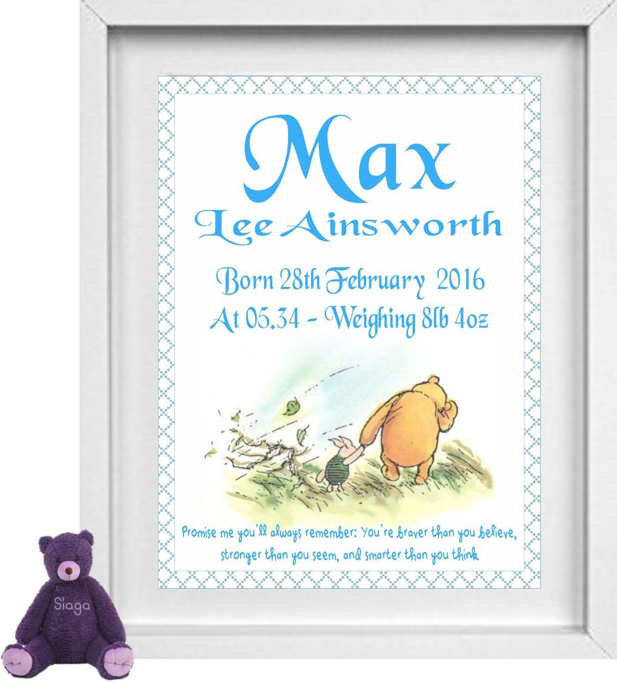 Personalised Nursery Picture | Baby Boy | Winnie The Pooh | Name, Date, Weight, Time | NP020