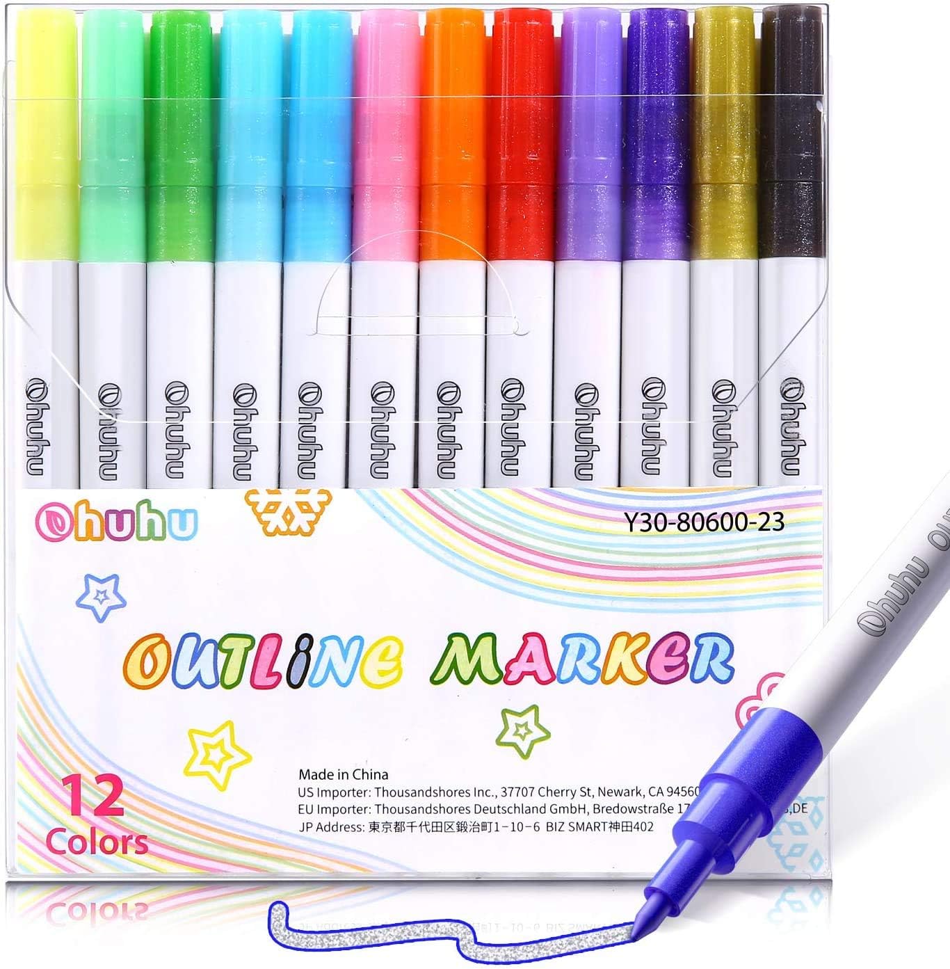 Ohuhu Selfoutline Metallic Markers, 12 Colors Double Line Outline