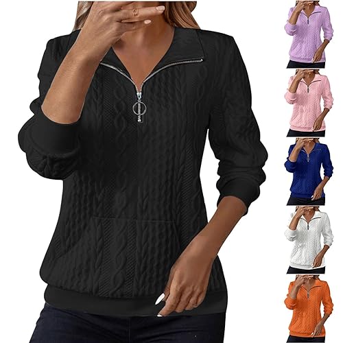 Sweatshirts for Women Cable Knit Jumpers size 14 Lapel Half Zip Pullover Ladies Thermal Sweatshirt Long Sleeve Tops Winter Autumn Sweaters Warm Tunics for Office Work Daily Going Out Wear Black