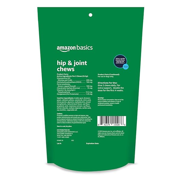 AMAZON BASICS DOG HIP & JOINT DAILY SUPPLEMENT CHEWS WITH GLUCOSAMINE, MSM, AND VITAMIN C, DUCK FLAVORED, 120 COUNT (PREVIOUSLY SOLIMO)