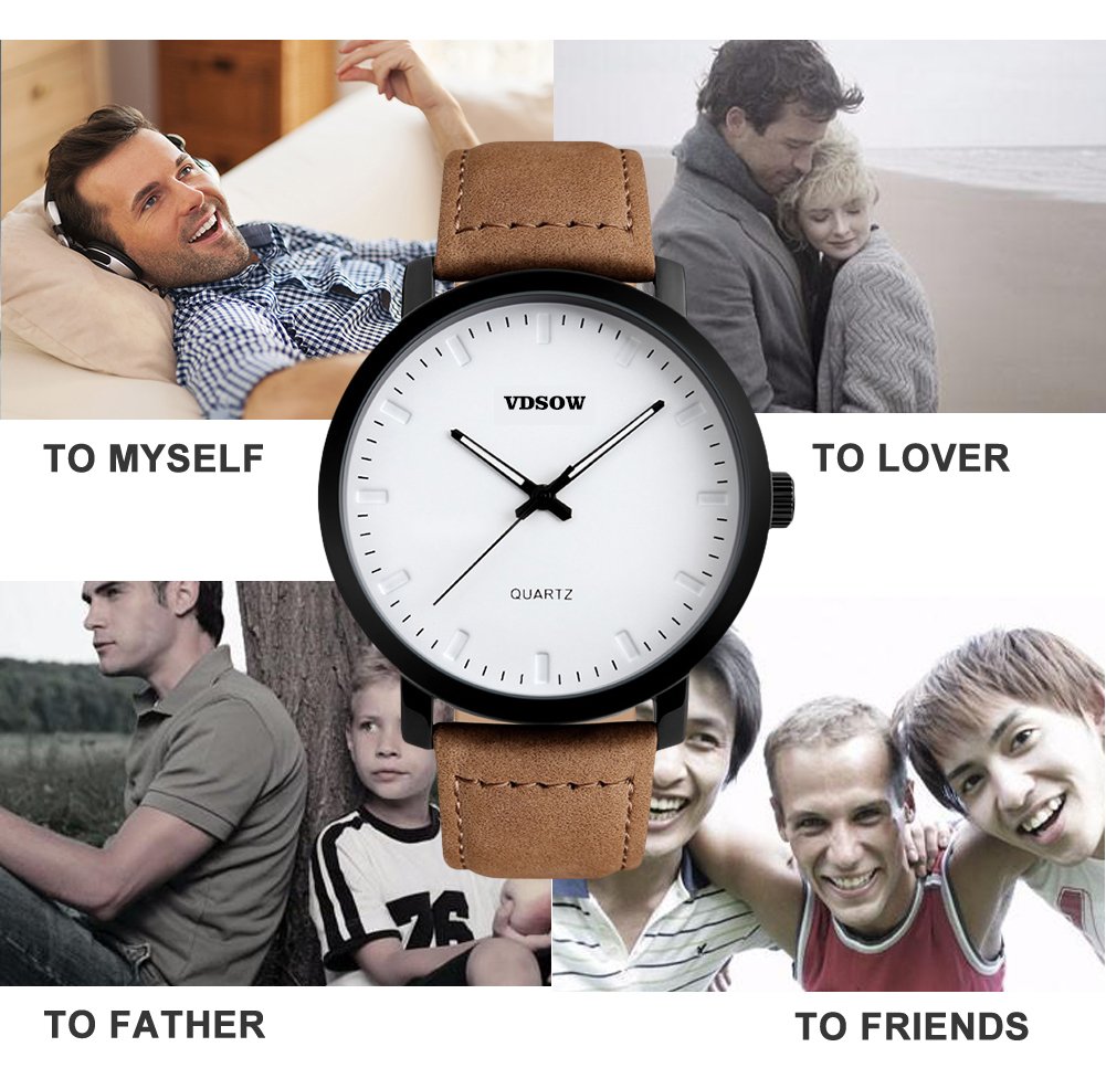 Homme poignet montres avec bracelet cuir Marron - Classic Big Face analogique montre à quartz, 3 ATM étanche Mode décontracté Business Robe montres avec date Calendrier Design Simple pour homme