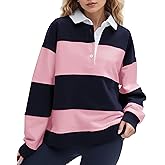 Ardrem Women Oversized Striped Polo Sweatshirt Color Block Lapel Collared Pullover Tops Striped Long Sleeve Rugby Shirts