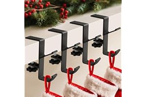 ANOEPUY 4 Pack Stocking Holders for Mantle for Christmas Decorations,2 in 1 Mantle Garland Holder for Hanging Christmas Stockings,No Drilling Required & Adjustable Garland Hanger, Metal(Black)