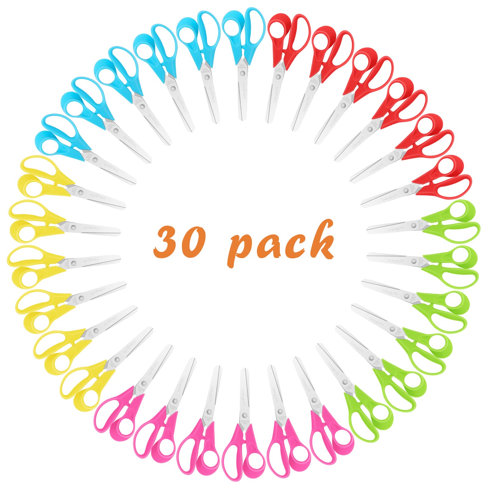 Uaugulft Kid Scissors, Safety Children Scissors with Stainless Steel Blunt Tip Blades and Ergonomic Handle, Great for School and Classrooms, Multiple Colors, 5 inch, 30 Pcs — image 1