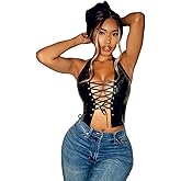 Women's Sexy PU Leather Halter Crop Tank Tops Lace Up Camisole Vest Bra for Club Party Festival Raves