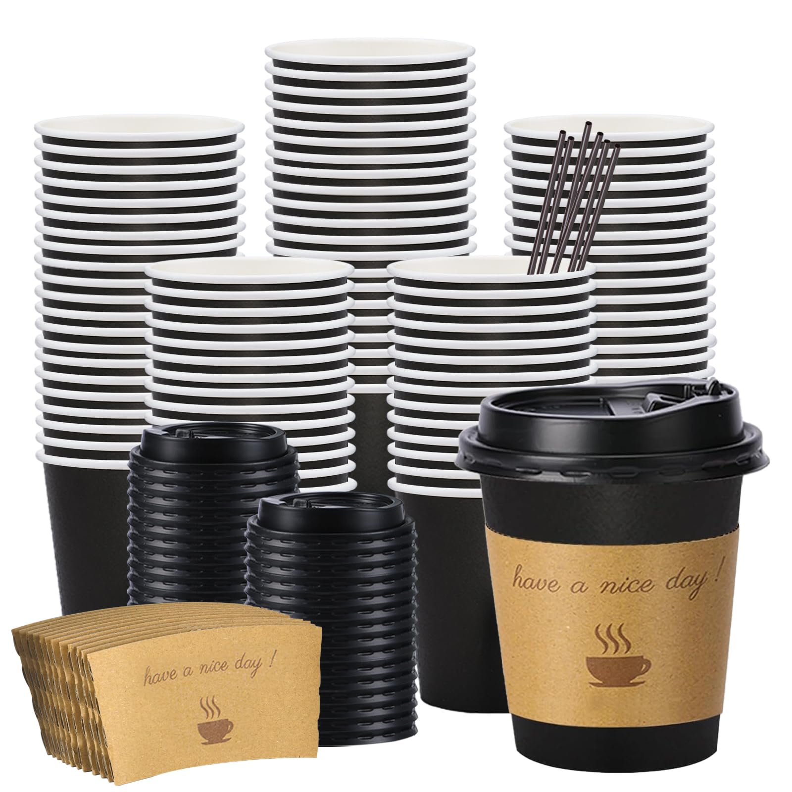 BYSNOW 100 pack 10 oz Thickened Coffee Cups with Lids, Scald Resistant Hot Cups with Sleeve and Straw, To Go Coffee Cups for Home, Office, Cafes and Party (Black 10oz) Image
