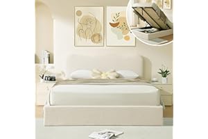 VELOCAVA Queen Size Lift-Up Storage Bed, Upholstered Boucle Bed with Curved Headboard, Rounded Corners, Sturdy Wooden Slat Support, No Box Spring Needed, Easy Assembly, Cream White