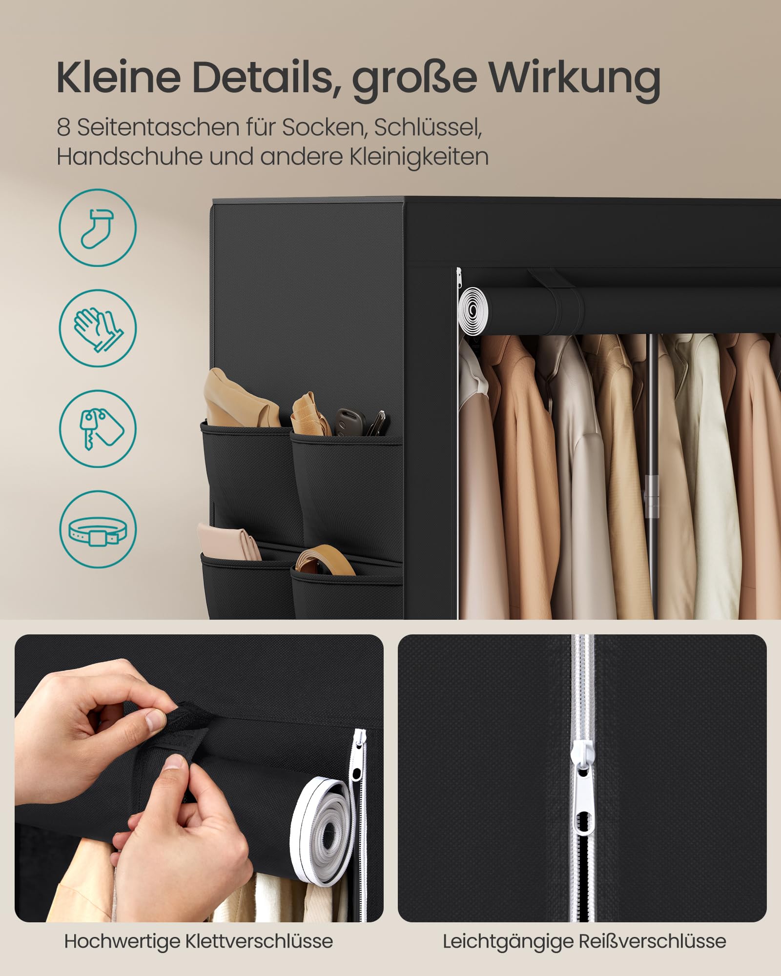 SONGMICS Kleiderschrank, Stoffschrank für Schlafzimmer, Schrank mit Kleiderstange, Ablagen, Seitentaschen, groß, 3 Hängefächer, 45 x 127 x 180 cm, schwarz RYG010BZ02 7