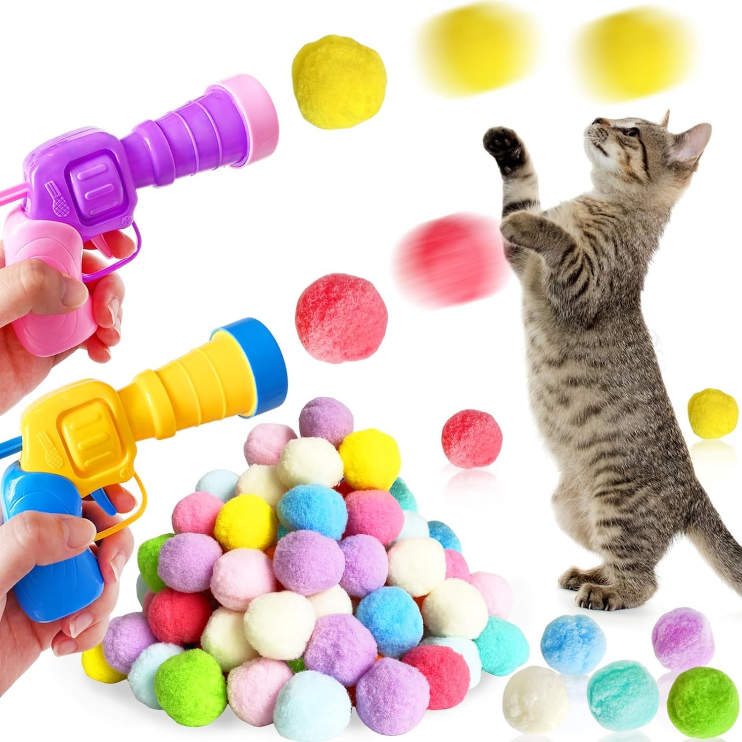 WACURRENTHYD Interactive Cat Toy Launcher Set – Ball Gun for Active Kittens, DIY Training Toys for Indoor Play, Includes 100 Pom-Poms & 3 Bouncy Balls