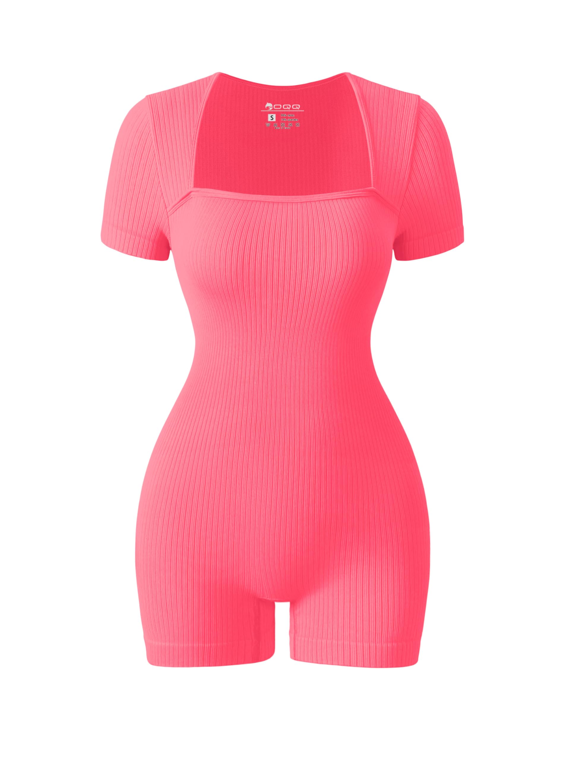 Photo 1 of OQQ Women's Short Sleeve Rompers Stretch Yoga Square Neck Sexy Rompers Fluorescent pink, Small