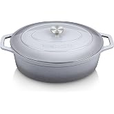 vancasso 9.3 Qt Oval Enameled Cast Iron Dutch Oven with Lid, Grey | Bread baking, roasting, braising, self-basting lid, oven to 500&deg;F on gas, induction, ceramic, non-toxic enamel, family size.