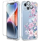 GVIEWIN for iPhone 14 Case Floral, with Screen Protector & Camera Lens Protector, [Non Yellowing]Soft Shockproof Clear Phone Protective Cover for Women, Flower Pattern Design 6.1"(Anemone Blooms/Pink)