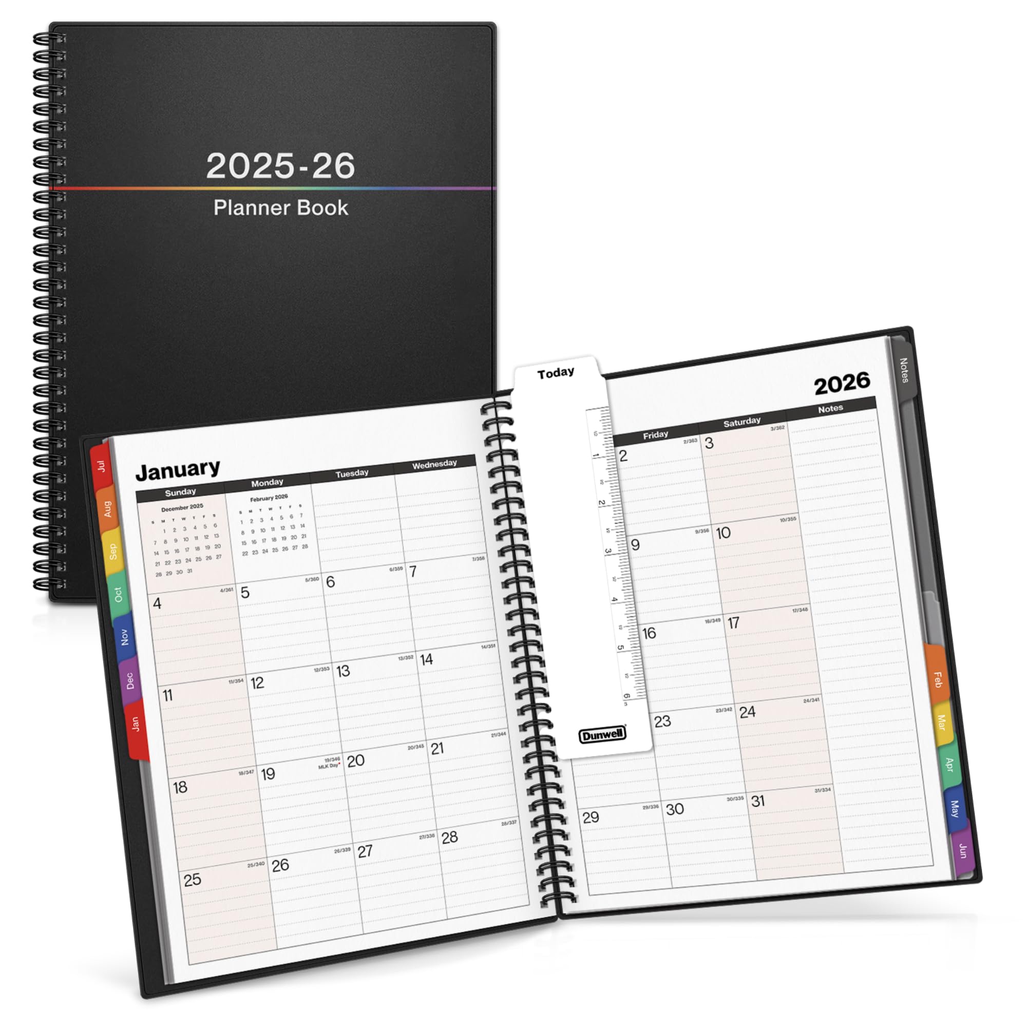 Photo 1 of Dunwell Academic Planner 2025-2026, Large 8.5x11 Weekly Monthly Daily Agenda, July 2025 - June 2026 Organizer, Spiral Bound Calendar Book with Colorful Tabs, Bookmark, Pocket, Stickers; Lays Flat