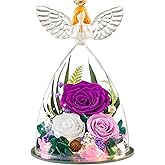 Flomoon Gifts for Women Preserved Roses for Valentines Day in Glass Angel Figurine Real Colorful Roses Forever Flowers Birthday Gifts for Her Grandma Sister Daughter Wife, Purple