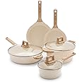 GreenLife Arte 8 Piece Ceramic Nonstick Cookware Pots and Pans Set, Induction Suitable, PFOA & PFAS Free, Wood Print Handles, Glass Lids, Stock Saucepans & Frying Pans, Dishwasher Safe, Speckled Cream