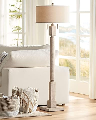 Baluster Country Cottage Floor Lamp Pickled Wood Oatmeal Linen