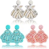 3 Pairs of Beaded Seashell Starfish Earrings Set for Women, Light Pink Blue Dainty Shellfish Dangle Earrings with Rhinestones, Boho Summer Beach Nautical Jewelry Gift (2 Set)