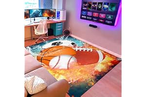 WJLBKGU Basketball Rug for Boys Bedroom 3'x5' Kids Football Carpet Water Fire Sports Rugs for Boys Bedroom Baseball, Soccer Rug for Playroom Living Room Decor Sofa Mat