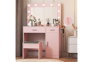 Viaozutis Vanity Desk with Mirror and Light, Large Drawer Power Socket with 11 Light Bulbs, 3 Adjustable Lighting Modes, Bedroom Vanity Table (Pink)